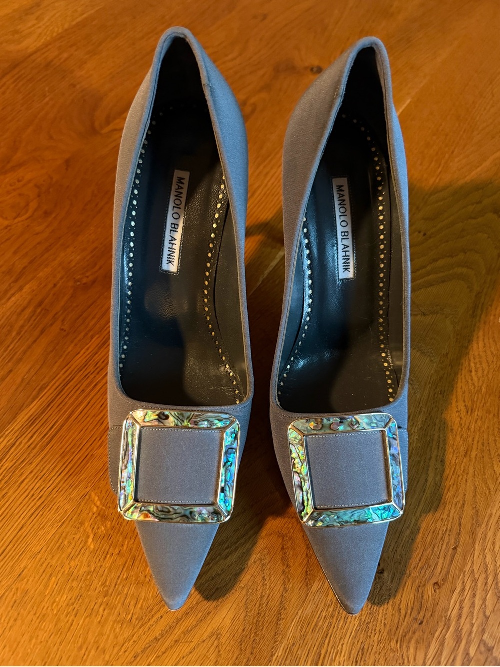 Manolo Blahnik Taupe Pointed Toe Pumps with Iridescent Buckle